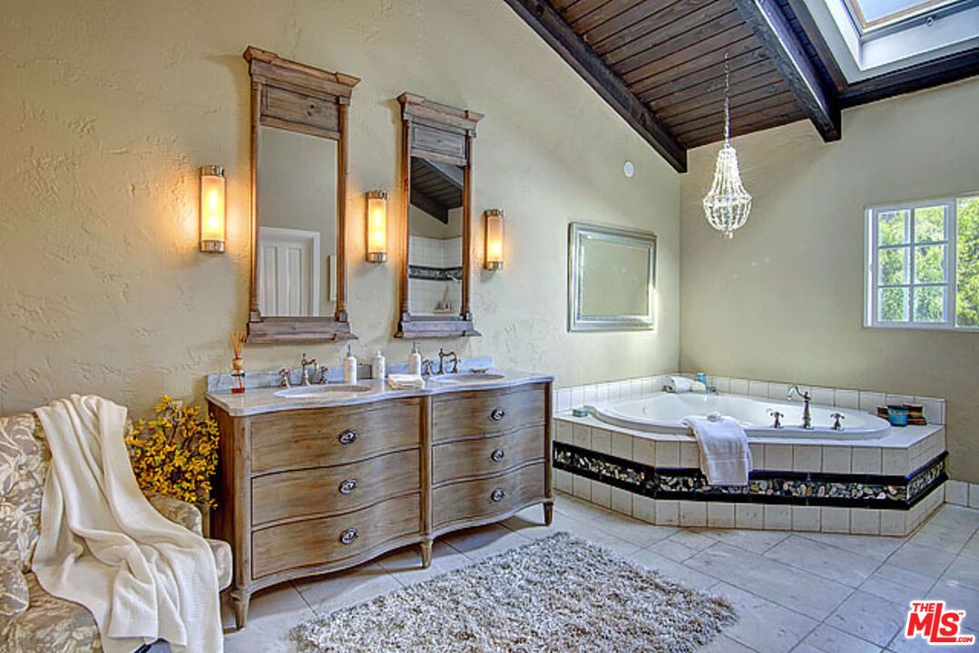 Bathroom, Dual Sink Vanities, Interior, Pendant Lights, Wooden Beams, Wooden Ceilings