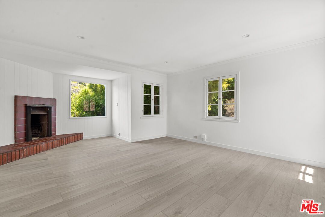 Empty room, Fireplace, Interior, Recessed Lighting, Wood Texture Flooring
