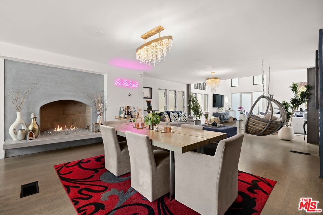Chandelier, Dining room, Fireplace, Interior, Living room, Wood Texture Flooring