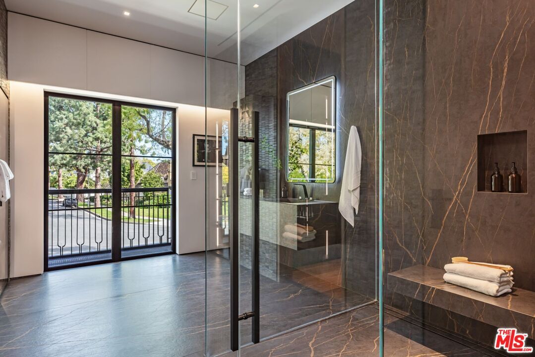 Bathroom, Glass Shower, Interior, Recessed Lighting, Wood Texture Flooring