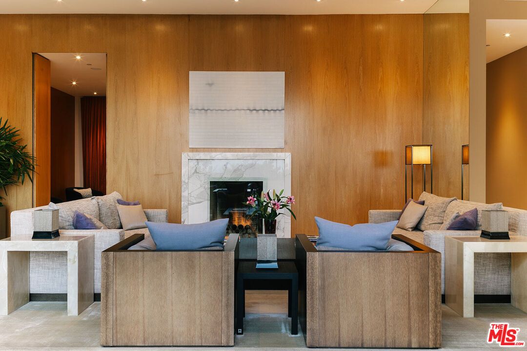 Fireplace, Interior, Living room, Recessed Lighting, Wooden Walls