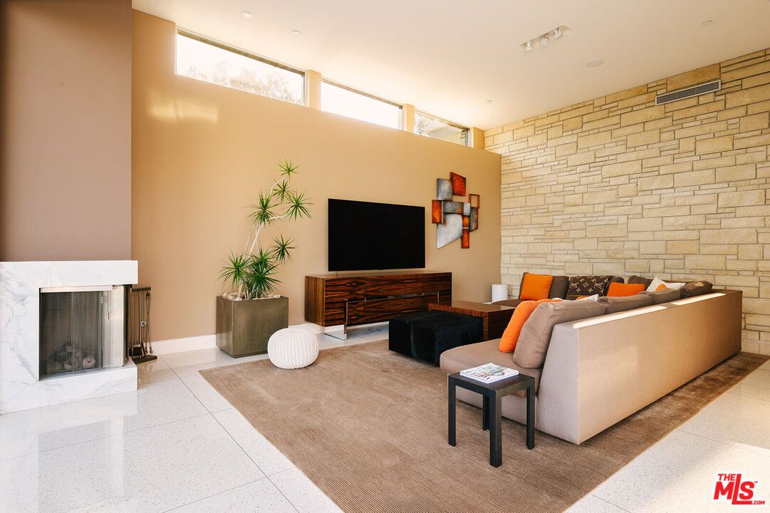Fireplace, Interior, Living room, Recessed Lighting, Stone Walls
