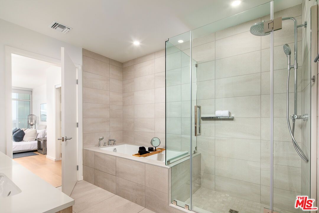 Bathroom, Bedroom, Glass Shower, Interior, Recessed Lighting, Wood Texture Flooring