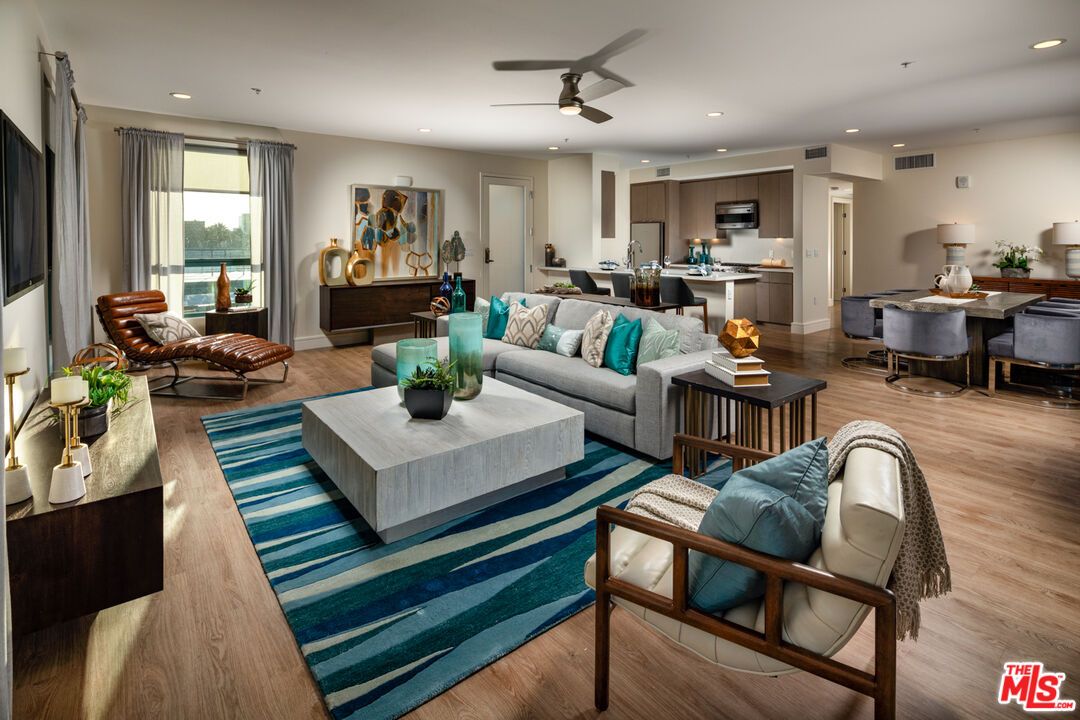 Dining room, Interior, Kitchen, Living room, Recessed Lighting, Stainless Steel Appliances, Wood Texture Flooring