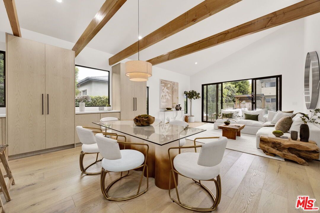 Dining room, Interior, Living room, Pendant Lights, Recessed Lighting, Wooden Beams, Wood Texture Flooring