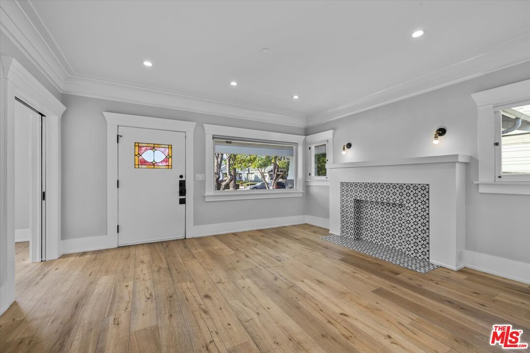 Empty room, Fireplace, Interior, Recessed Lighting, Wood Texture Flooring