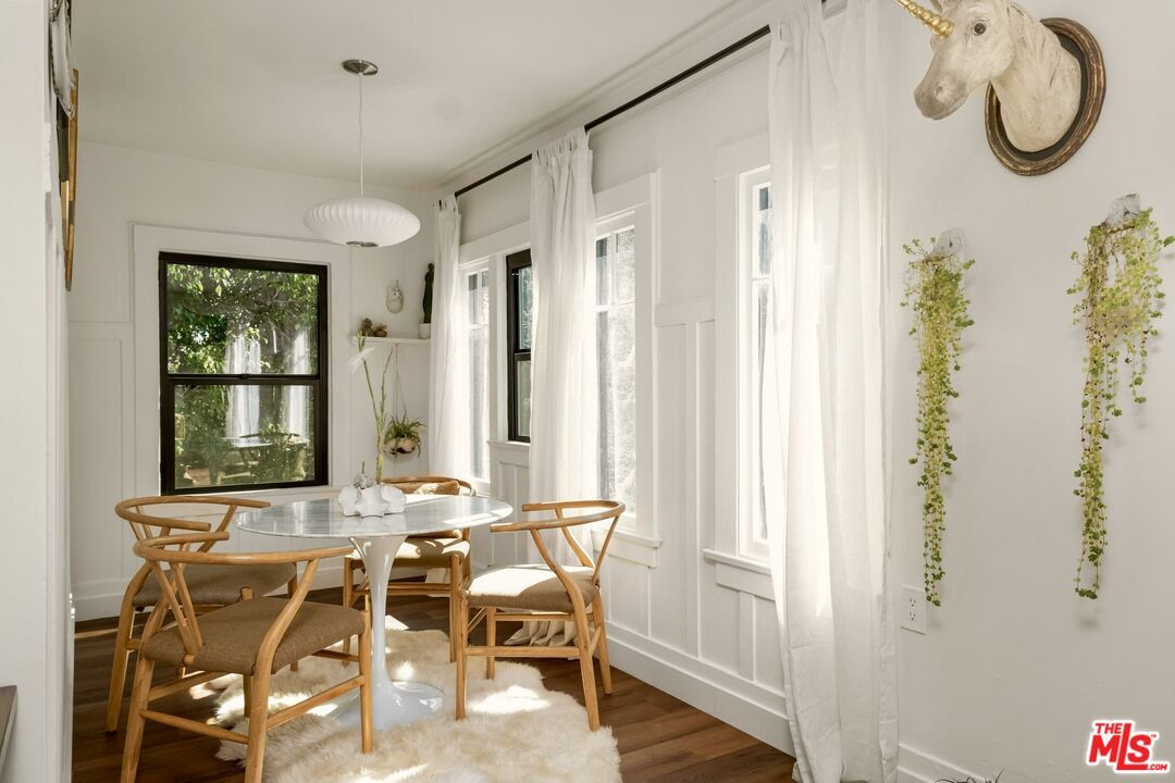 Dining room, Interior, Pendant Lights, Wood Texture Flooring
