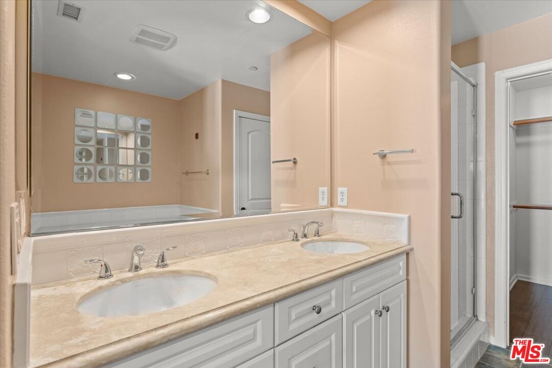 Bathroom, Dual Sink Vanities, Interior, Recessed Lighting, Wood Texture Flooring