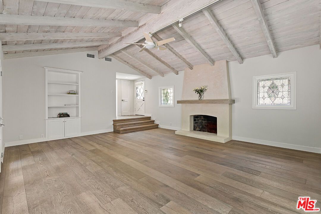 Empty room, Fireplace, Interior, Wooden Beams, Wooden Ceilings, Wood Texture Flooring