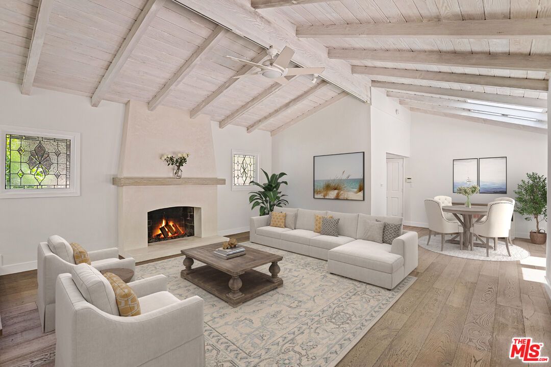 Dining room, Fireplace, Interior, Living room, Wooden Beams, Wooden Ceilings, Wood Texture Flooring