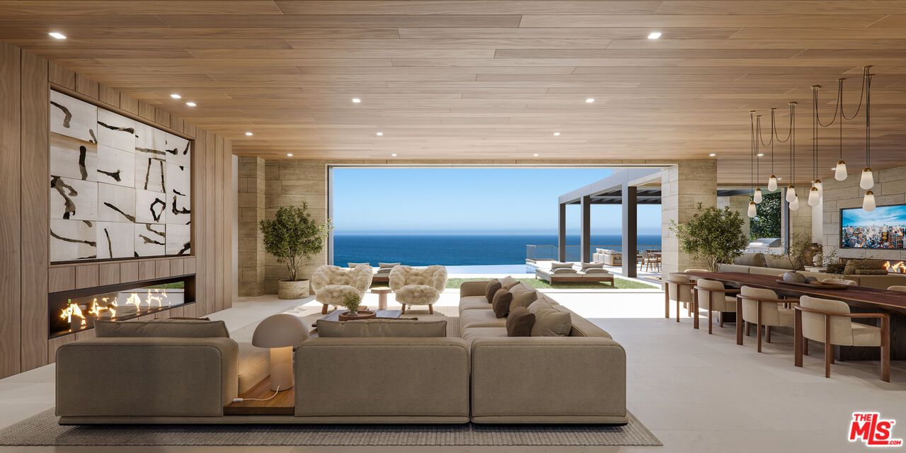 Dining room, Fireplace, Interior, Living room, Pendant Lights, Recessed Lighting, Water, Wooden Ceilings, Wooden Walls