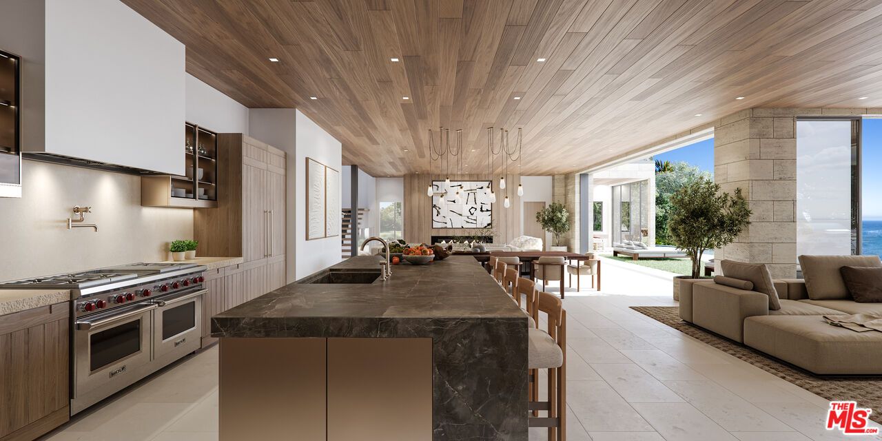 Dining room, Interior, Kitchen, Living room, Pendant Lights, Recessed Lighting, Stainless Steel Appliances, Water, Wooden Ceilings