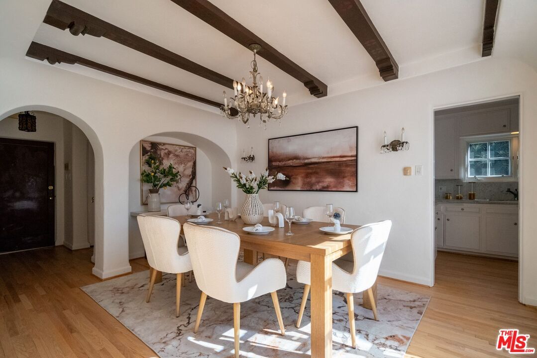 Chandelier, Dining room, Interior, Wooden Beams, Wood Texture Flooring