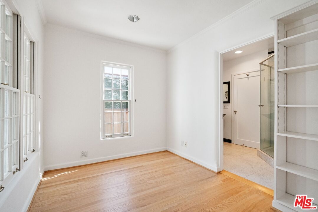 Bathroom, Empty room, Glass Shower, Interior, Recessed Lighting, Wood Texture Flooring