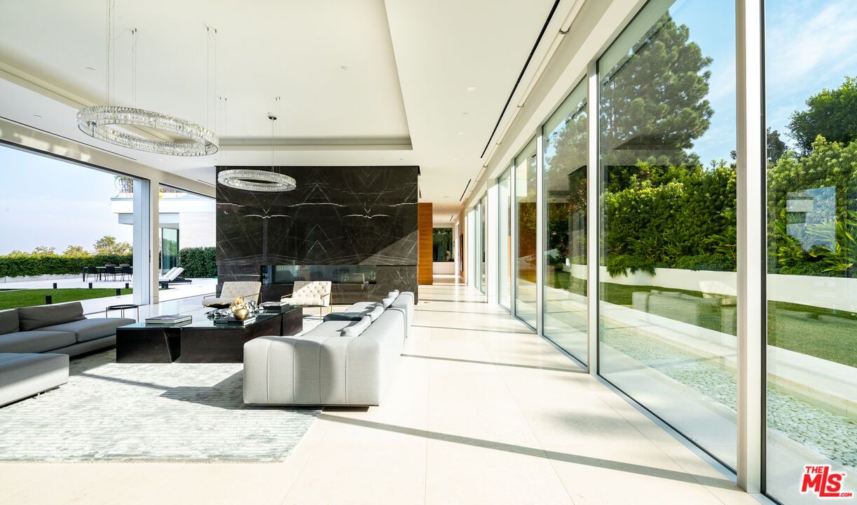 Fireplace, Interior, Living room, Marble Walls, Pendant Lights, Recessed Lighting, Water