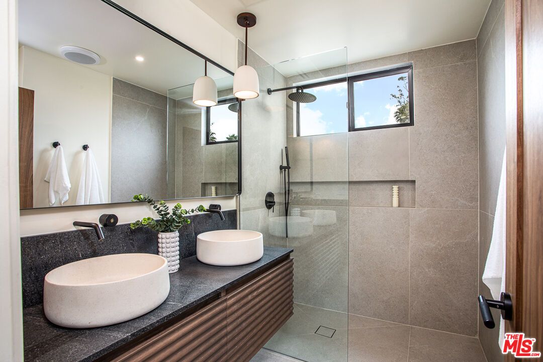 Bathroom, Dual Sink Vanities, Glass Shower, Interior, Pendant Lights, Recessed Lighting