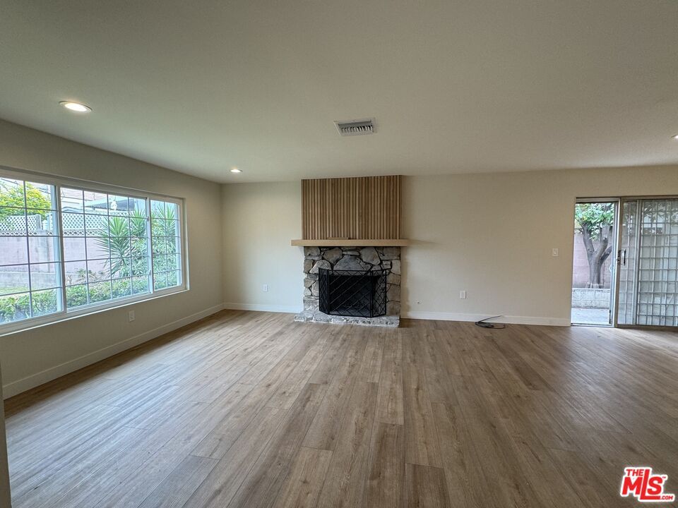 Empty room, Fireplace, Interior, Recessed Lighting, Wood Texture Flooring