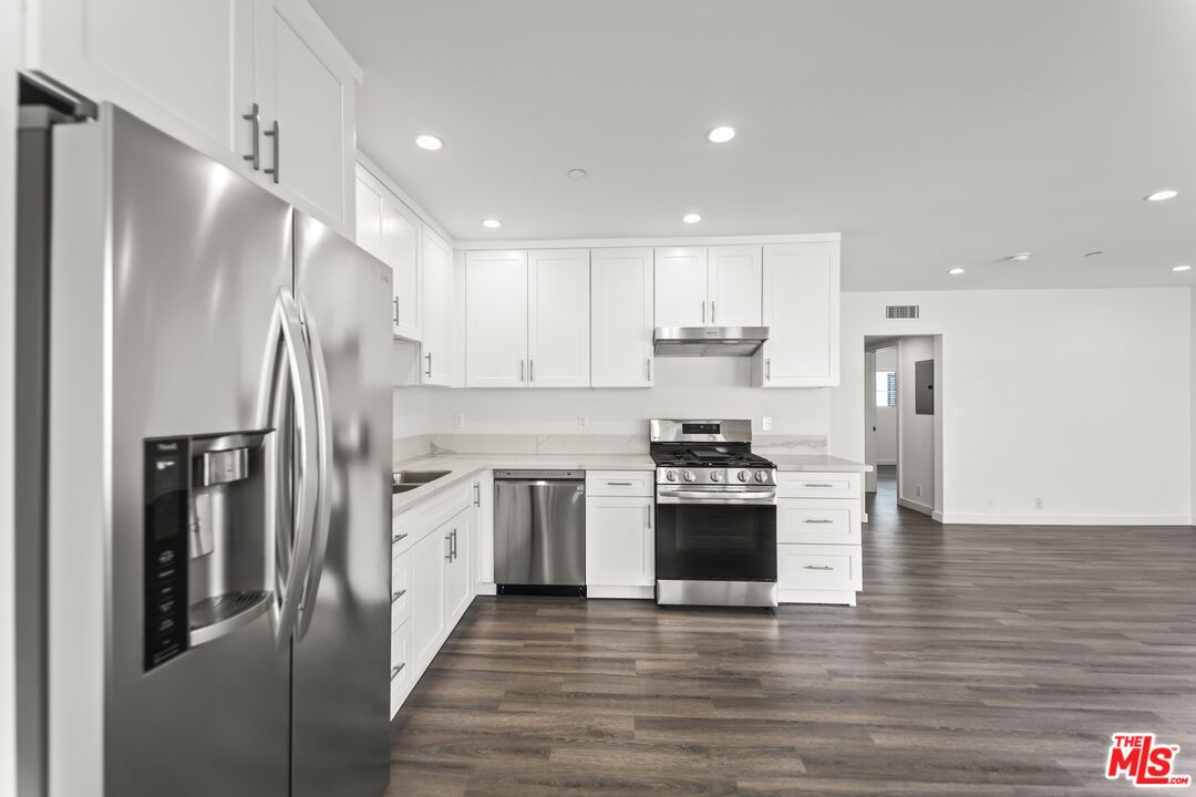 Interior, Kitchen, Recessed Lighting, Stainless Steel Appliances, Wood Texture Flooring