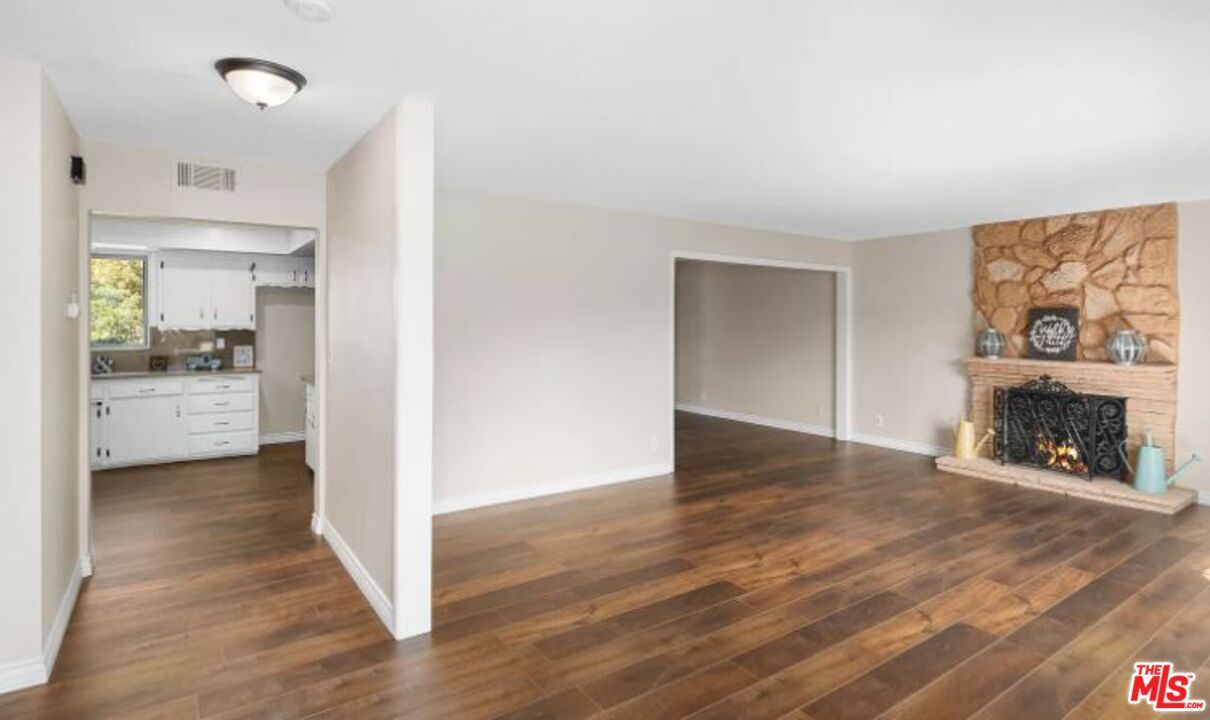 Empty room, Fireplace, Interior, Kitchen, Stone Walls, Wood Texture Flooring