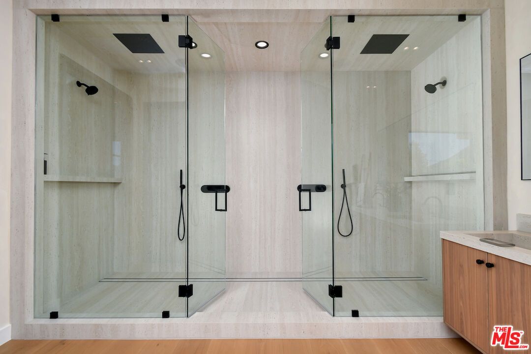 Bathroom, Glass Shower, Interior, Recessed Lighting, Wood Texture Flooring