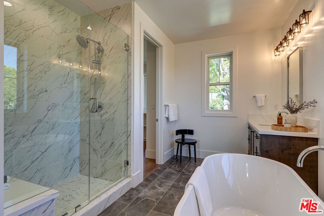 Bathroom, Free Standing Baths, Glass Shower, Interior, Marble Walls