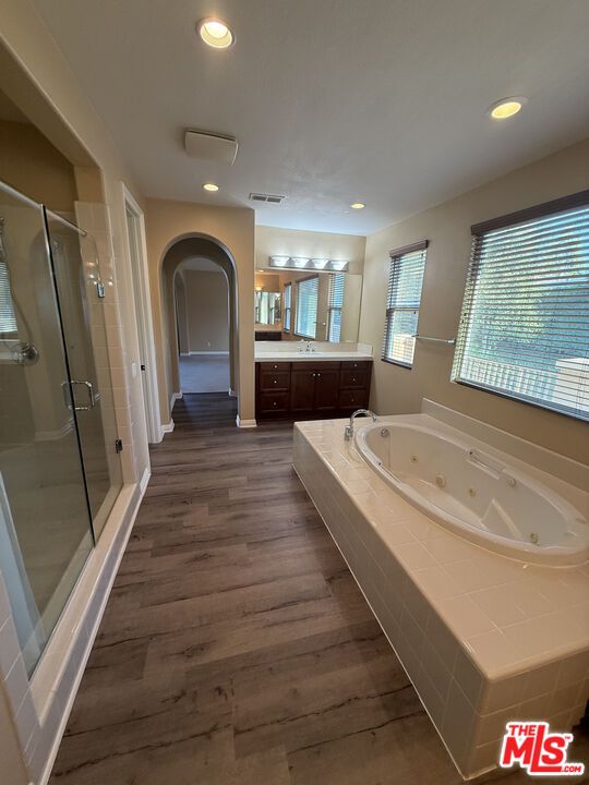 Bathroom, Glass Shower, Interior, Recessed Lighting, Wood Texture Flooring