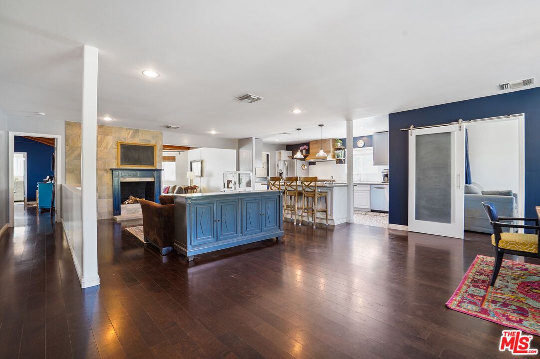 Fireplace, Interior, Kitchen, Living room, Pendant Lights, Recessed Lighting, Wood Texture Flooring