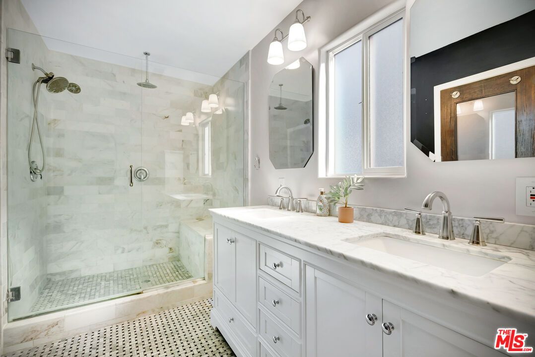 Bathroom, Dual Sink Vanities, Glass Shower, Interior, Marble Walls
