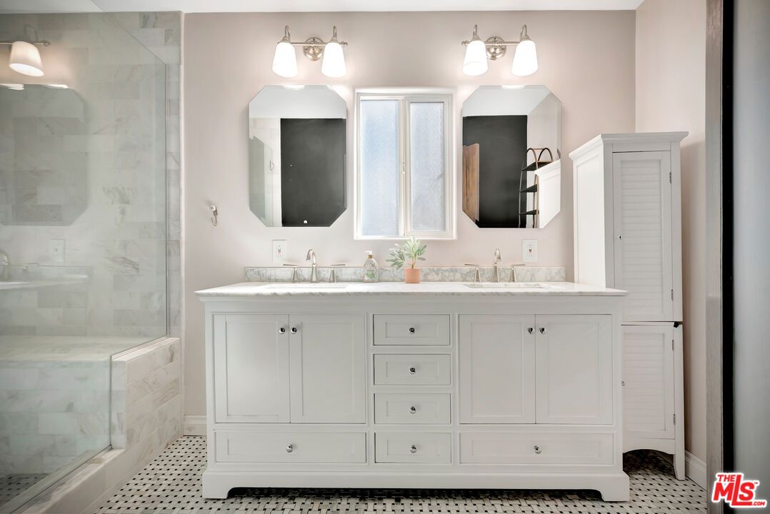 Bathroom, Dual Sink Vanities, Glass Shower, Interior, Marble Walls