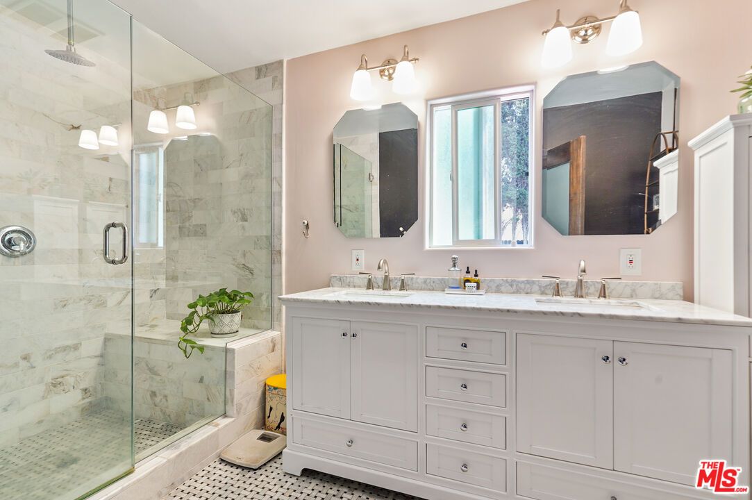 Bathroom, Dual Sink Vanities, Glass Shower, Interior, Marble Walls