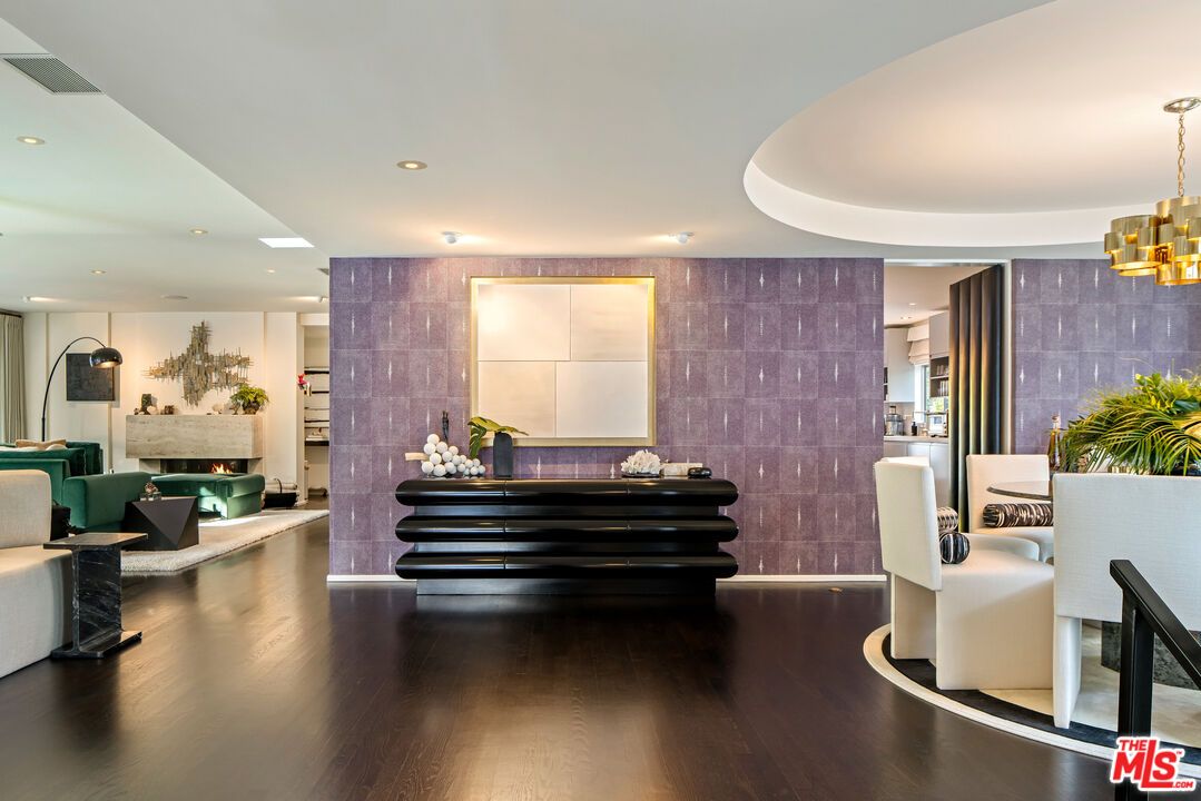 Fireplace, Interior, Pendant Lights, Recessed Lighting, Wood Texture Flooring