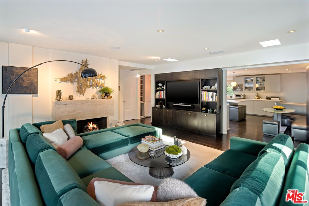 Fireplace, Interior, Kitchen, Living room, Recessed Lighting, Wood Texture Flooring