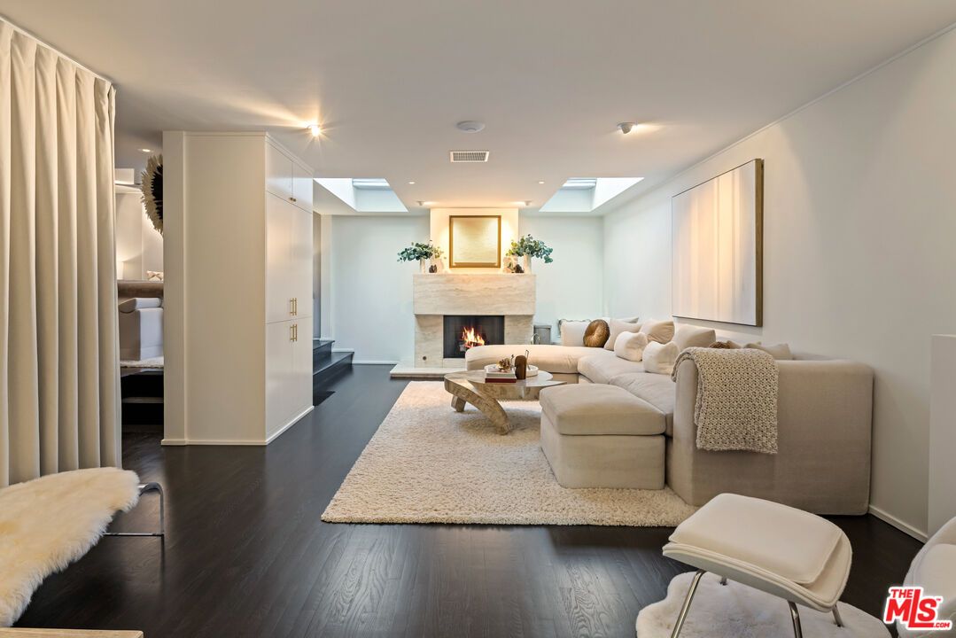 Fireplace, Interior, Living room, Recessed Lighting, Wood Texture Flooring