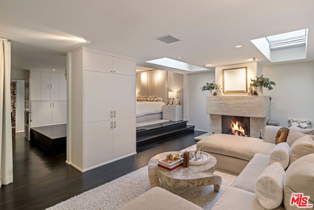 Fireplace, Interior, Living room, Recessed Lighting, Wood Texture Flooring
