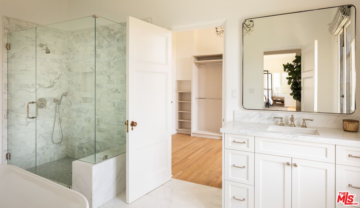 Bathroom, Glass Shower, Interior, Marble, Marble Walls, Wood Texture Flooring
