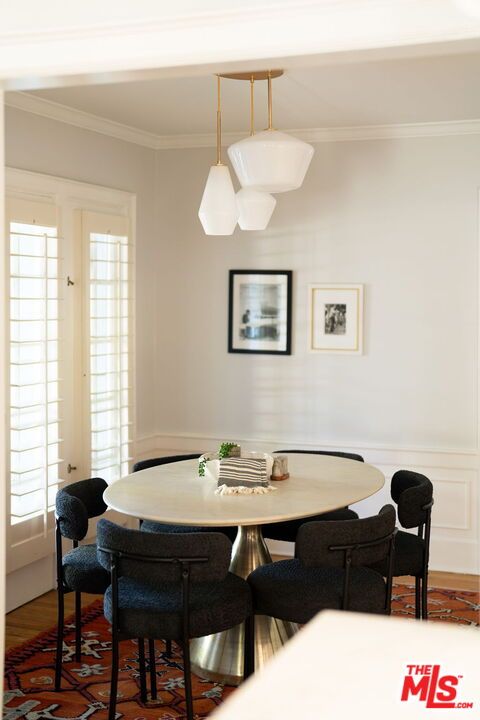 Dining room, Interior, Pendant Lights, Wood Texture Flooring