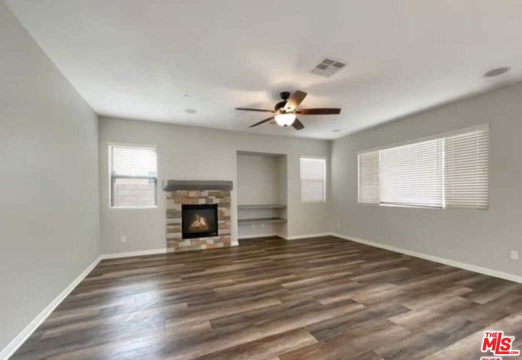Empty room, Fireplace, Interior, Recessed Lighting, Wood Texture Flooring