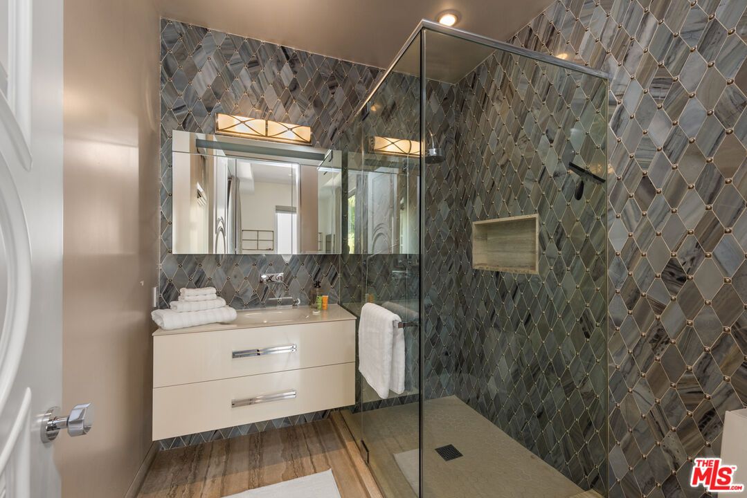 Bathroom, Glass Shower, Interior, Recessed Lighting, Wood Texture Flooring