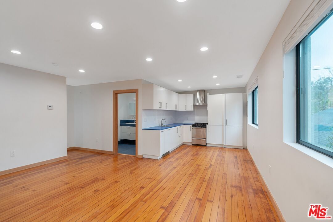 Empty room, Interior, Kitchen, Recessed Lighting, Wood Texture Flooring