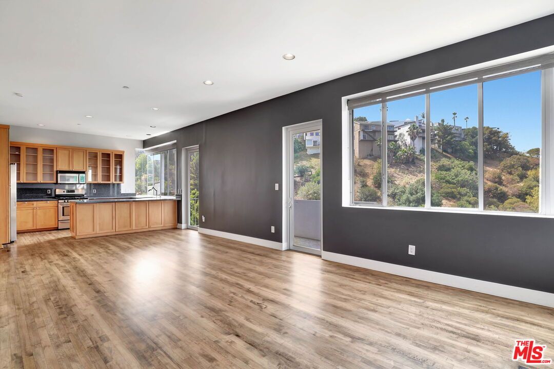 Empty room, Interior, Kitchen, Recessed Lighting, Wood Texture Flooring