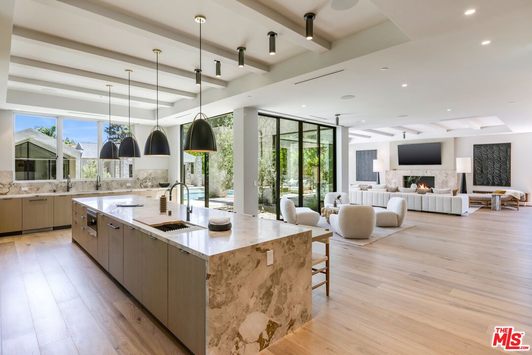 Fireplace, Interior, Kitchen, Living room, Pendant Lights, Recessed Lighting, Wood Texture Flooring