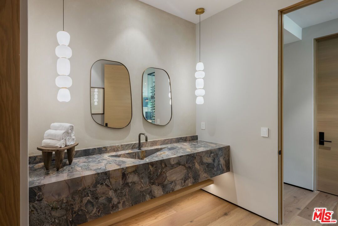 Bathroom, Interior, Pendant Lights, Wood Texture Flooring