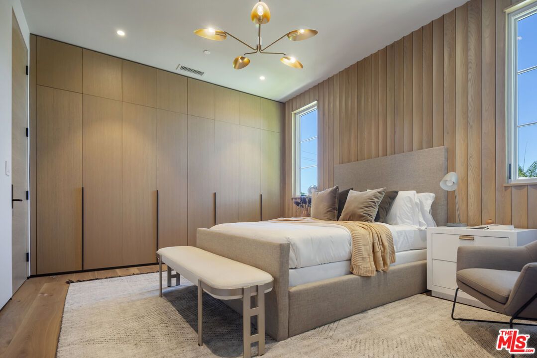 Bedroom, Interior, Pendant Lights, Recessed Lighting, Wood Texture Flooring, Wooden Walls