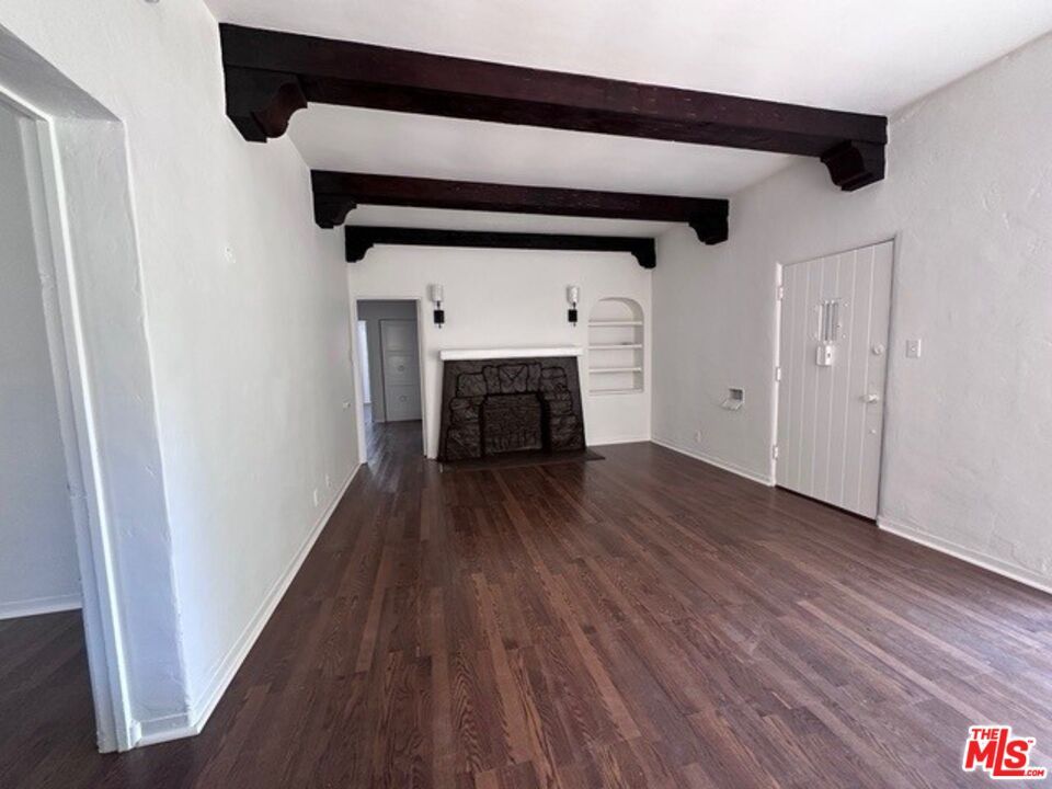 Empty room, Fireplace, Interior, Wooden Beams, Wood Texture Flooring