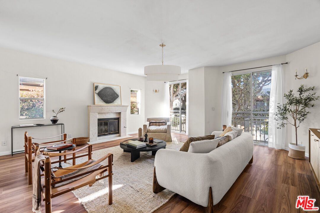 Fireplace, Interior, Living room, Pendant Lights, Wood Texture Flooring