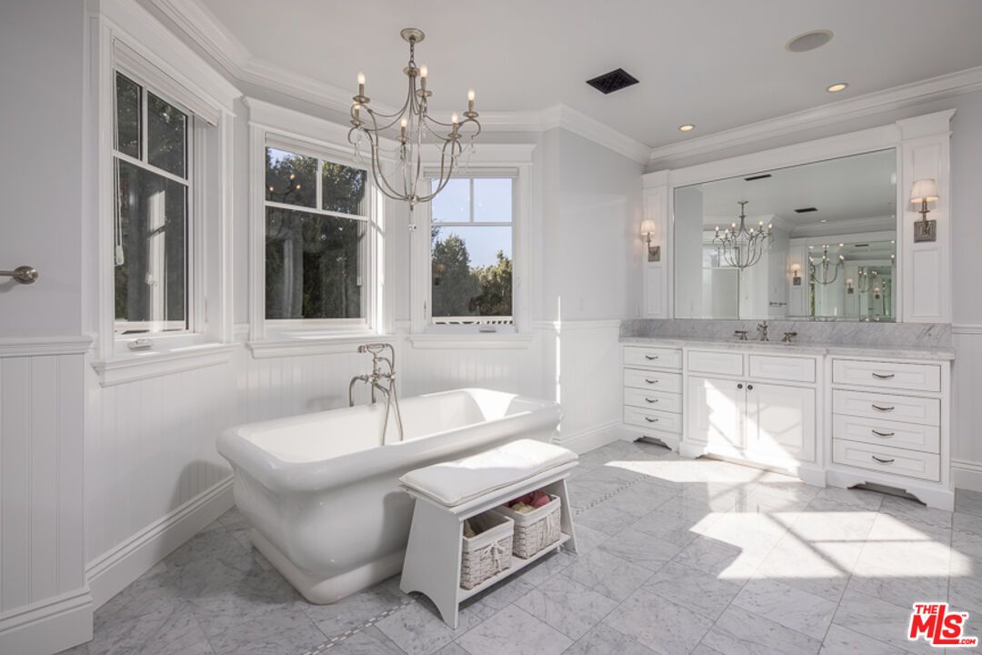 Bathroom, Chandelier, Free Standing Baths, Interior, Marble, Recessed Lighting