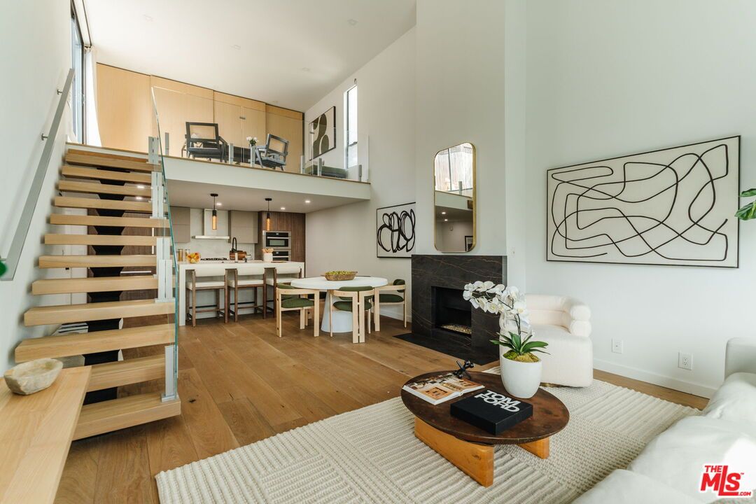 Dining room, Fireplace, Interior, Kitchen, Living room, Pendant Lights, Recessed Lighting, Wood Texture Flooring