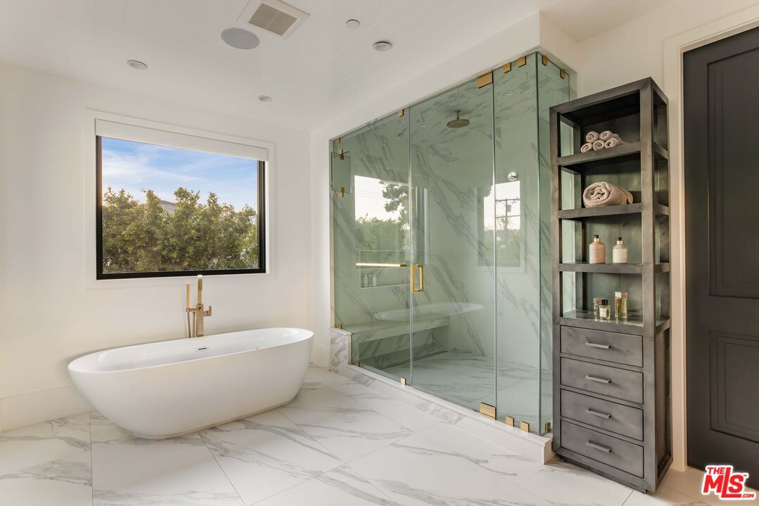 Bathroom, Free Standing Baths, Glass Shower, Interior, Marble, Marble Walls, Recessed Lighting