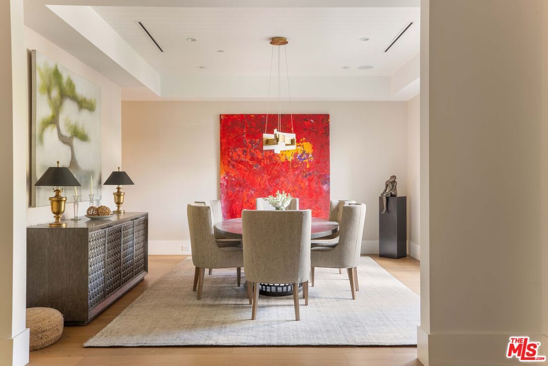 Dining room, Interior, Pendant Lights, Recessed Lighting, Wood Texture Flooring