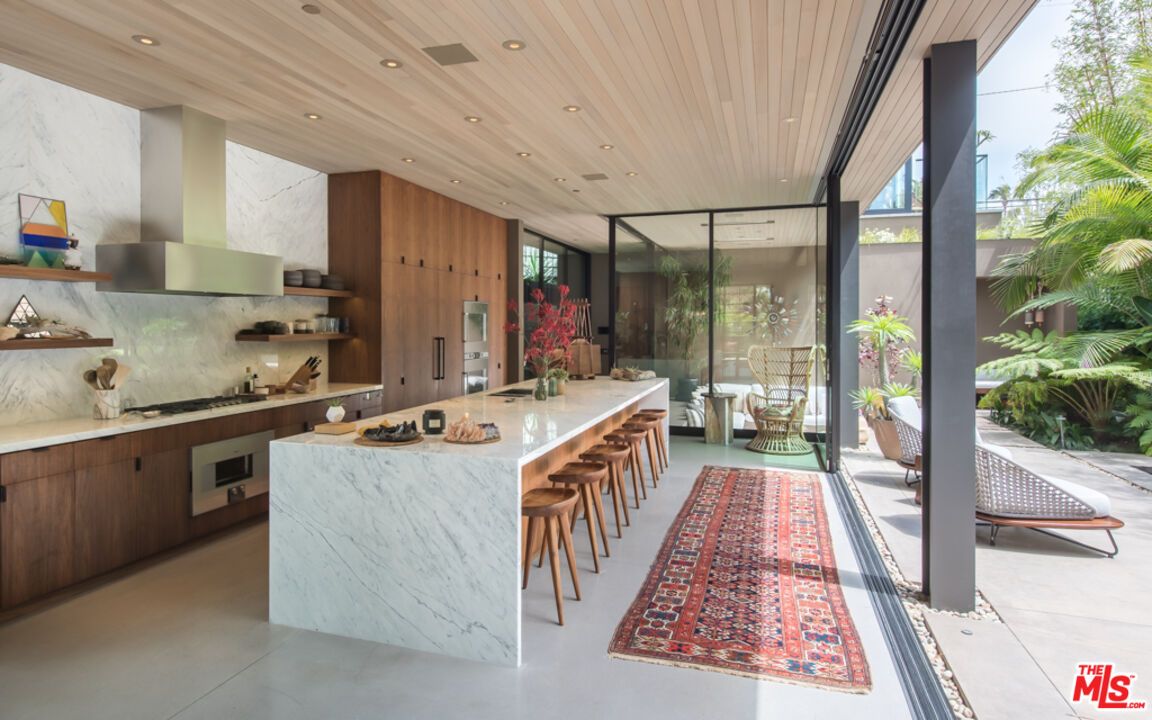 Interior, Kitchen, Marble Walls, Recessed Lighting, Stainless Steel Appliances, Wooden Ceilings